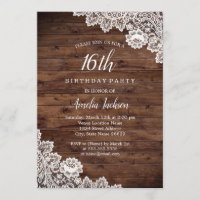 Rustic Wood Lace 16th Birthday Party Invitation
