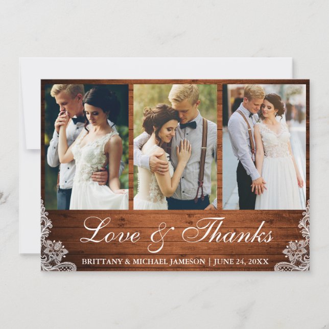Rustic Wood Lace 3 Photo Love and Thanks Thank You Card (Front)