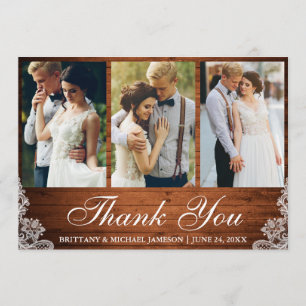 Rustic Wood Lace 3 Photo Wedding Thank You Card