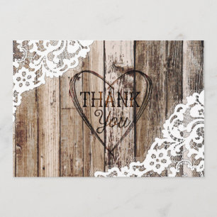 Rustic Wood Lace and Heart Etching Thank You Card