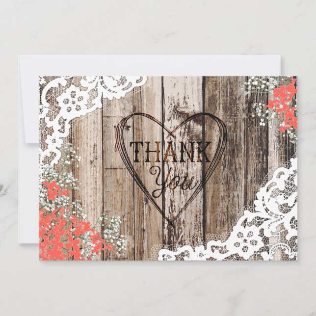 Rustic Wood Lace Baby's Breath Heart Thank You (Front)