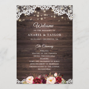 Rustic Wood Lace Blush Burgundy Wedding Program
