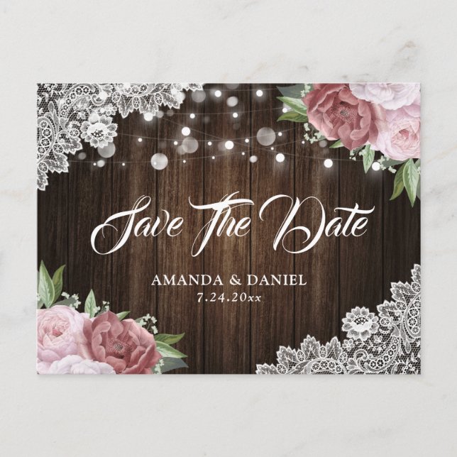 Rustic Wood Lace Blush Pink Save The Date Postcard (Front)