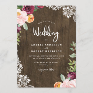 Rustic Wood & Lace Burgundy Blush Floral Wedding Invitation
