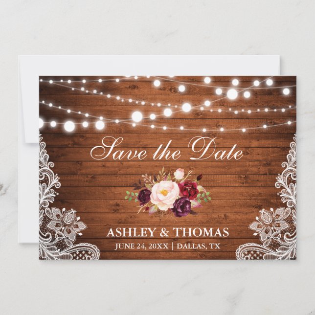 Rustic Wood Lace Burgundy Floral Save the Date (Front)