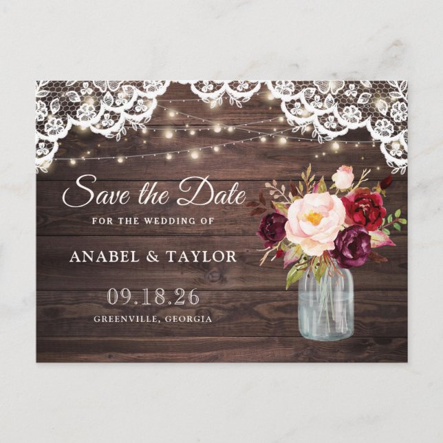 Rustic Wood Lace Burgundy Mason Jar Save the Date Announcement Postcard (Front)
