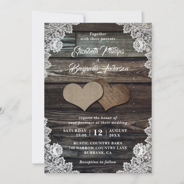 Rustic Wood Lace Burlap Hearts Wedding Invitations (Front)