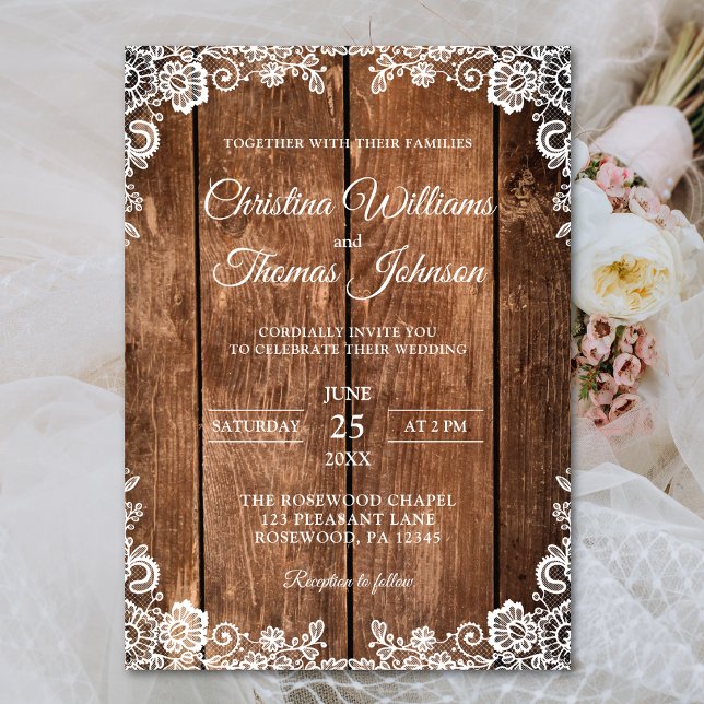 Rustic Wood Lace Country Wedding Invitation (Creator Uploaded)