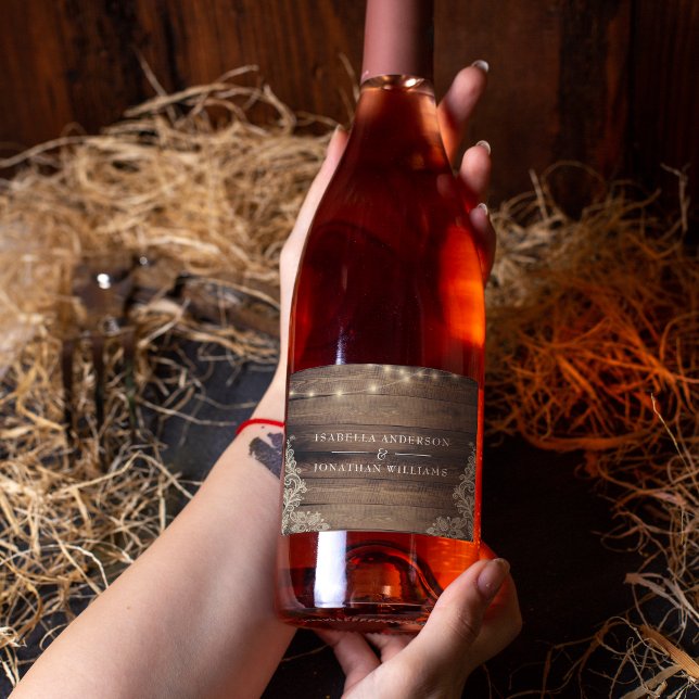 Rustic Wood & Lace Couples' Shower or Wedding Sparkling Wine Label (Label Mock-up)