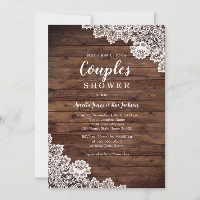 Rustic Wood Lace Couples Wedding Shower Invitation (Front)