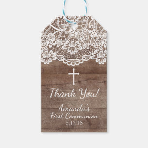 Rustic Wood Lace First Communion Gift Tag