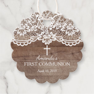 Rustic Wood & Lace First Holy Communion Favour Tags