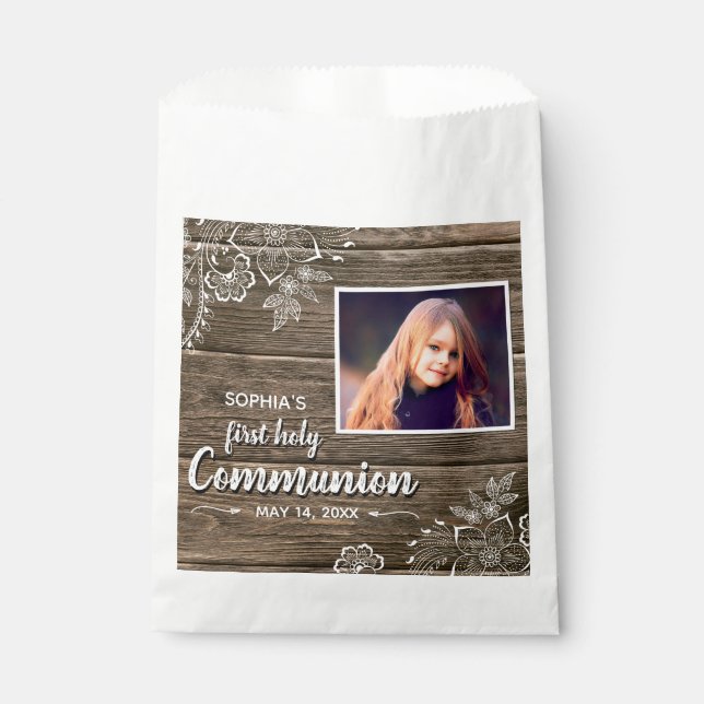 Rustic Wood Lace First Holy Communion Photo Favour Bag (Front)