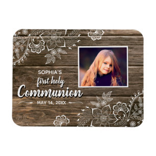 Rustic Wood Lace First Holy Communion Photo Magnet