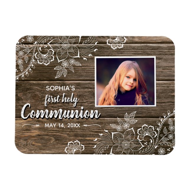 Rustic Wood Lace First Holy Communion Photo Magnet (Horizontal)