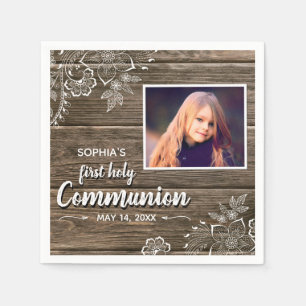 Rustic Wood Lace First Holy Communion Photo Napkin