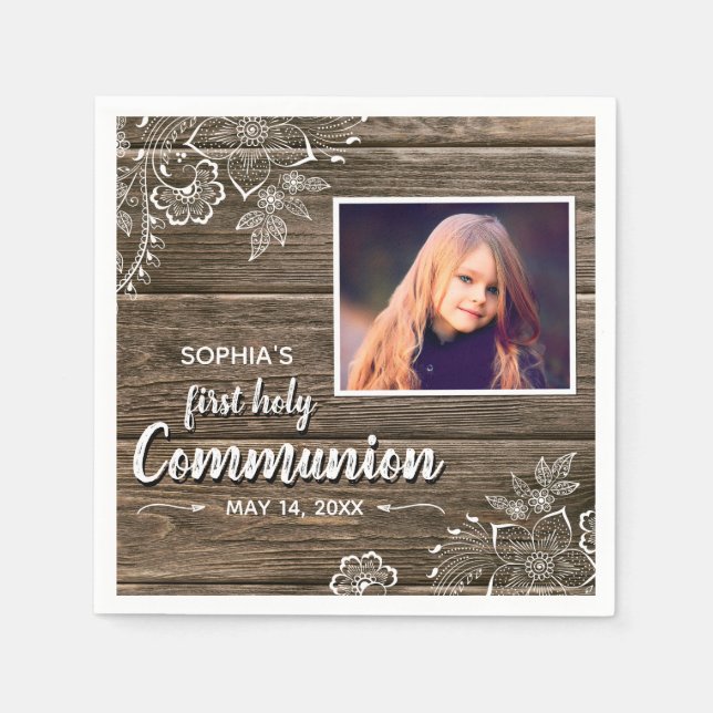 Rustic Wood Lace First Holy Communion Photo Napkin (Front)