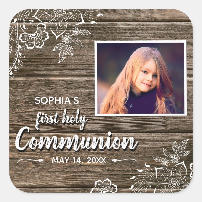 Rustic Wood Lace First Holy Communion Photo Square Sticker (Front)