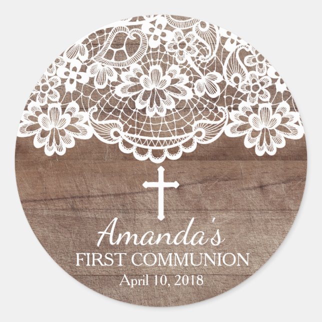 Rustic Wood Lace First Holy Communion Sticker (Front)