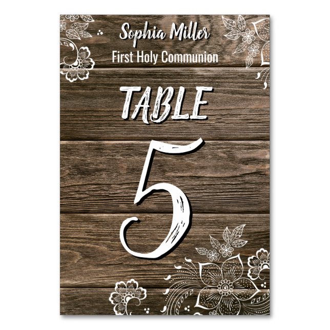 Rustic Wood Lace First Holy Communion Table Number (Front)