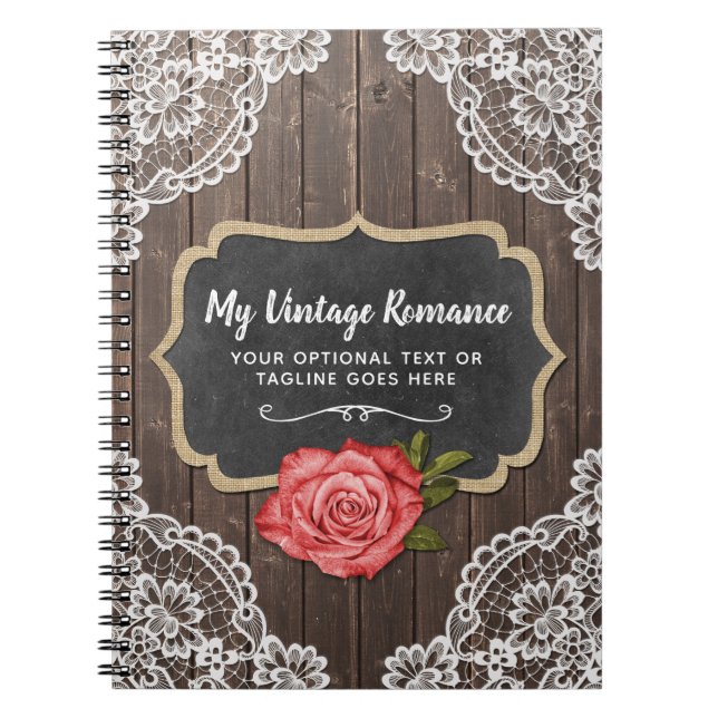 Rustic Wood & Lace Floral Chalkboard Country Chic Notebook (Front)