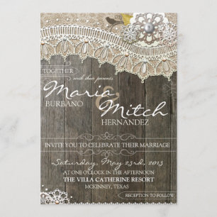 Rustic Wood & Lace Floral Wedding Invitation