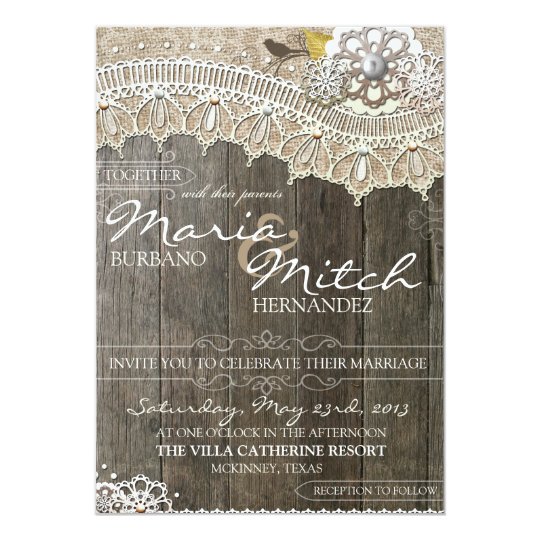 Rustic Wood & Lace Floral Wedding Invitation