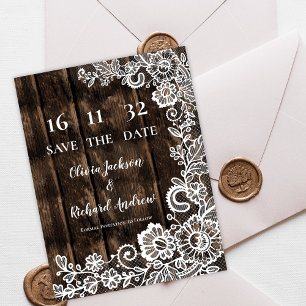 Rustic Wood Lace Floral Wedding Save the Date Postcard