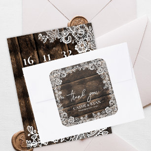 Rustic Wood Lace Floral Wedding Thank You Square Sticker
