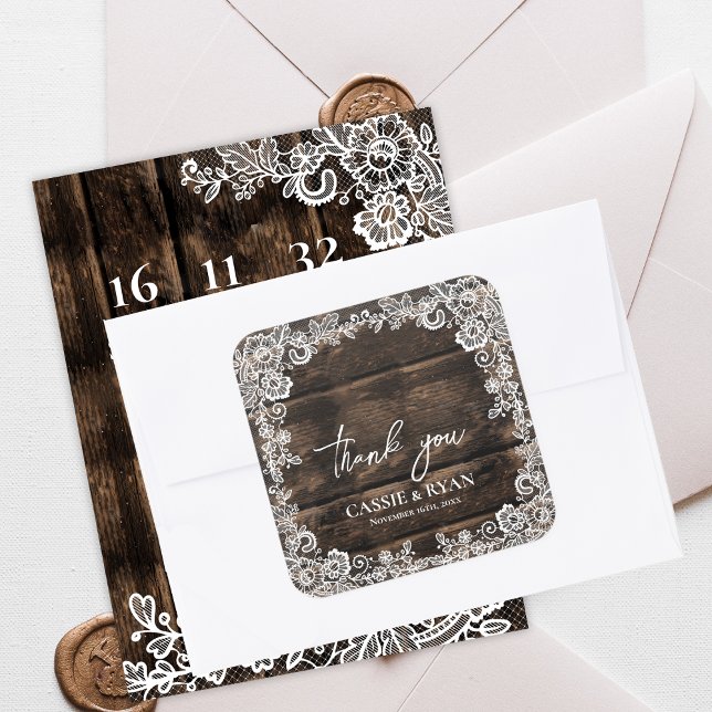 Rustic Wood Lace Floral Wedding Thank You Square Sticker (Rustic Wood Lace Floral Wedding Thank You Square Sticker)