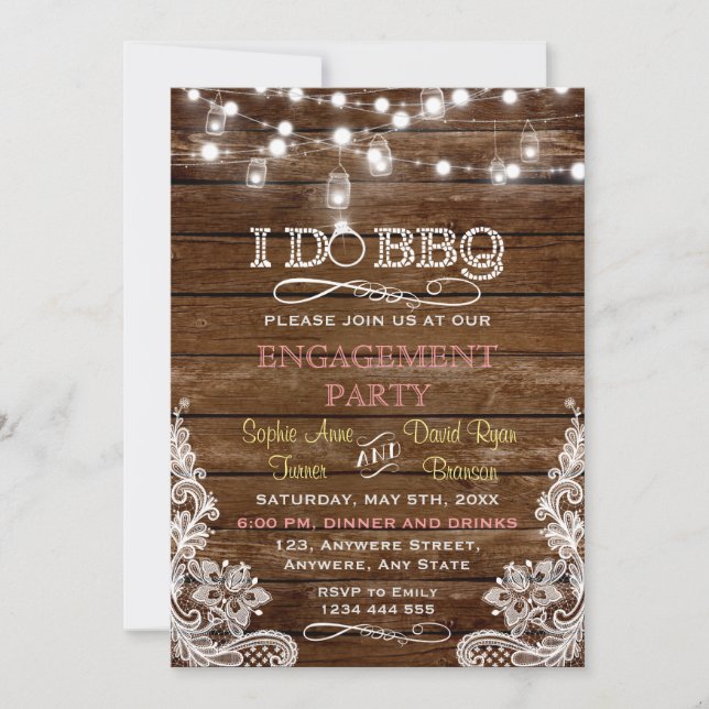 Rustic Wood Lace I DO BBQ Engagement Party Invitation (Front)