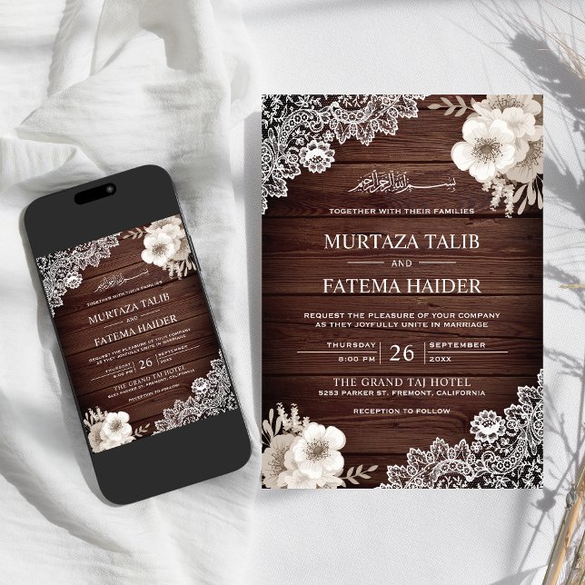 Rustic Wood Lace Ivory Floral Islamic Wedding Invitation (Creator Uploaded)