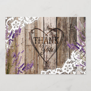 Rustic Wood Lace Lavender Heart Etching Thank You Card