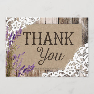 Rustic Wood Lace Lavender Heart Etching Thank You Card
