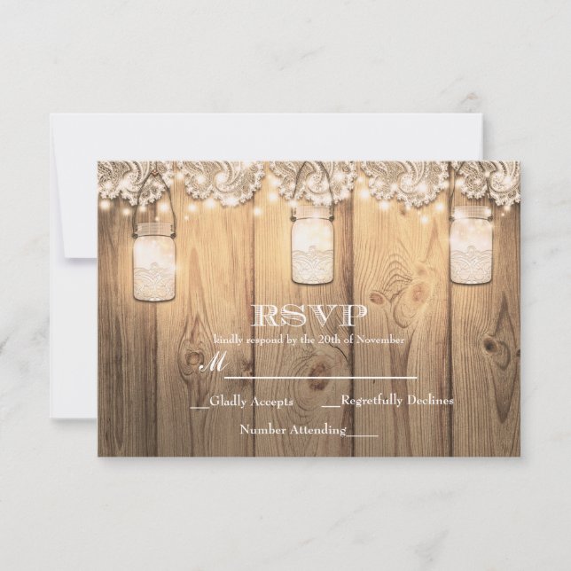Rustic Wood Lace & Lighted Mason Jar RSVP Card (Front)