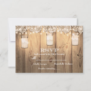 Rustic Wood Lace & Lighted Mason Jar RSVP Card