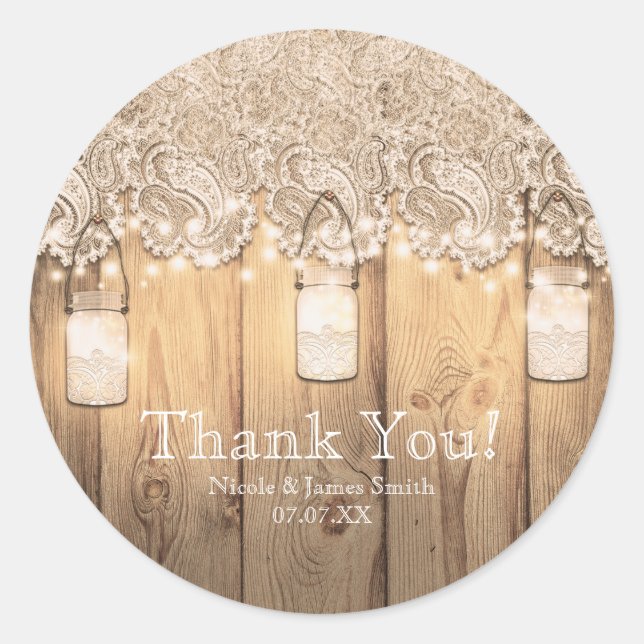 Rustic Wood Lace & Lighted Mason Jar Wedding Classic Round Sticker (Front)