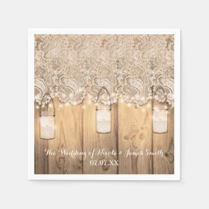 Rustic Wood Lace & Lighted Mason Jar Wedding Napkin