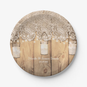 Rustic Wood Lace & Lighted Mason Jar Wedding Paper Plate