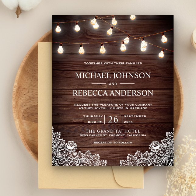 Rustic Wood Lace Lights Budget Wedding Invitation (Creator Uploaded)