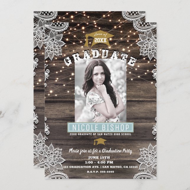 Rustic Wood Lace & Lights Graduation Party    Invitation (Front/Back)