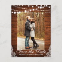 Rustic Wood Lace Lights Save the Date Back Text