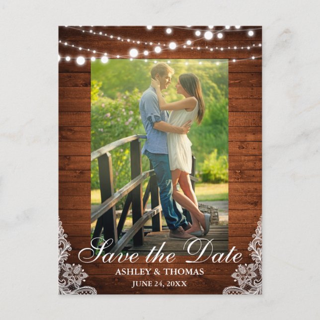 Rustic Wood Lace Lights Save the Date Photo Announcement Postcard (Front)