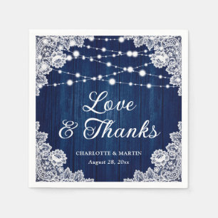 Rustic Wood Lace Love and Thanks Navy Blue Wedding Napkin