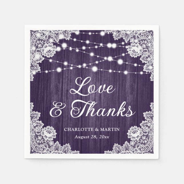 Rustic Wood Lace Love and Thanks Purple Wedding Napkin (Front)
