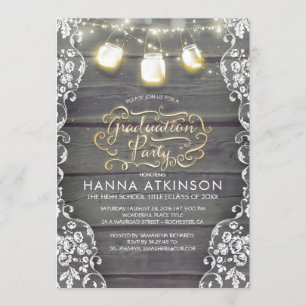 Rustic Wood Lace Mason Jar Lights Graduation Party Invitation