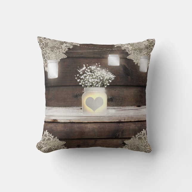 Rustic Wood, Lace & Mason Jars Barn Elegant Custom Cushion (Front)