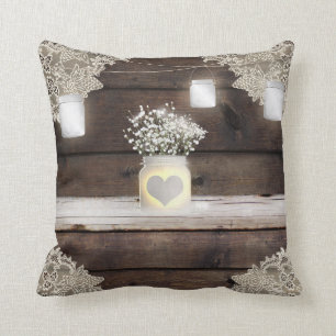 Rustic Wood, Lace & Mason Jars Barn Elegant Custom Cushion