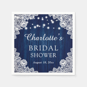 Rustic Wood Lace Navy Blue Bridal Shower Napkins