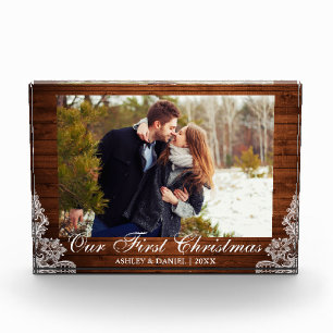 Rustic Wood Lace Our First Christmas Couple Photo Block
